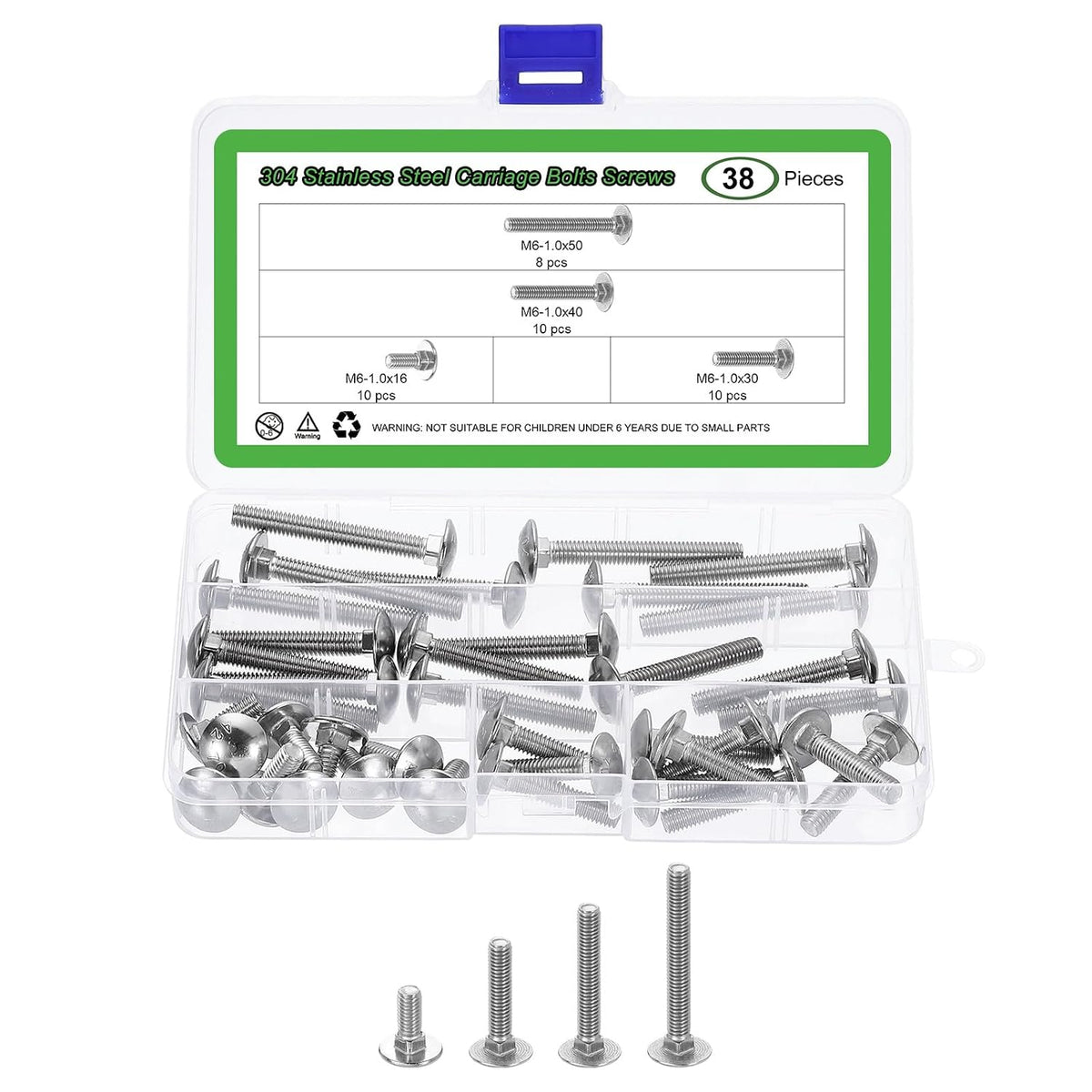 38Pcs Carriage Bolts and Nuts Kit, M6 Stainless Steel 304 Round Head Square Neck Carriage Bolts Screws and Hex Nuts - Silver