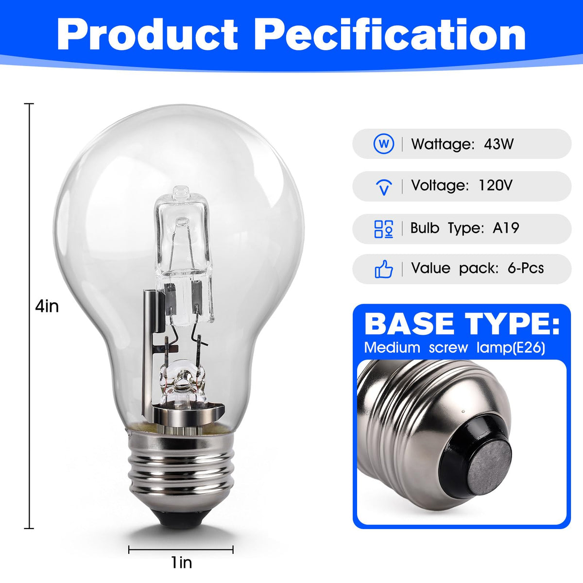 Lampadine a卤素 Incandescenza A19 120V 43W Lampadina a卤素