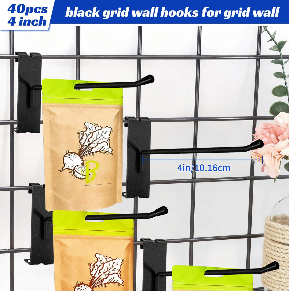LinkMejor 40pcs 4 inch Matte Black Gridwall Hooks for 3 x 3 Inch Grid Panels