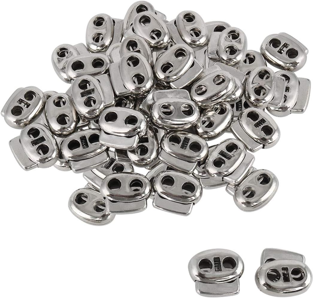 LinkMejor 40pcs Plastic Spring Cord Locks Stopper Double Hole Toggle Fastener Rope End for Drawstring Clothes, Shoelaces, Bags, Tie-Downs, Silver Tone