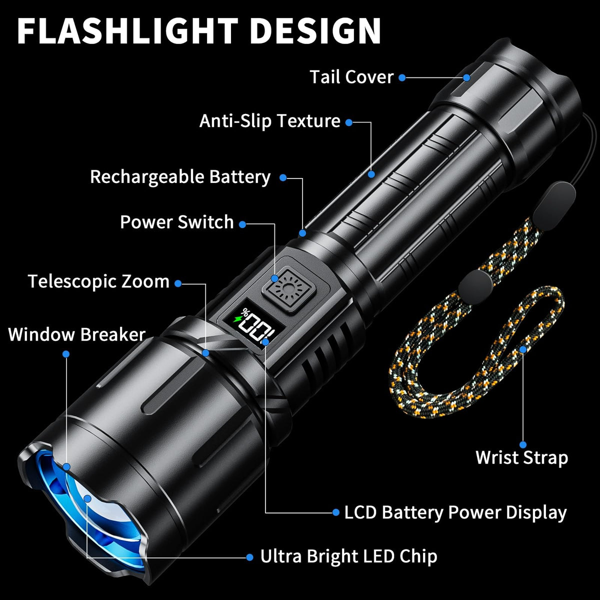 リンクマイオール充電式懐中電灯 99000ルーメン、LED明るいフラッシュライト