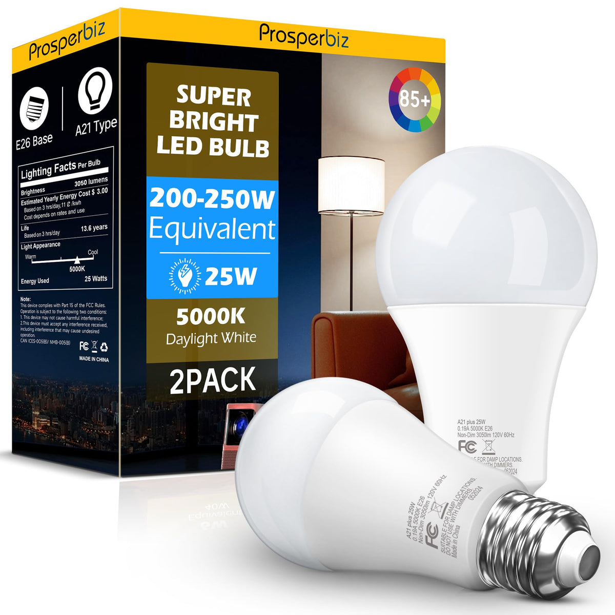 200-250W Tilsvarende LED Lysbomber, 25W Klar Hvid 5000K, A21 E26, 2stk