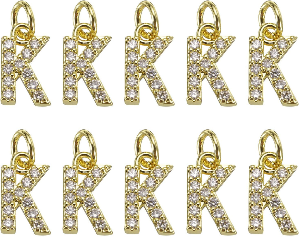 LinkMejor Rhinestone Letter Charm, 10pcs Crystal Zirconia Copper Alphabet K Pendants Slider Letter Charm for Wristbands Bracelets Necklace Jewelry Earring DIY Craft, Gold