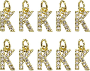 Rhinestone Letter Charm, 10pcs Crystal Zirconia Copper Alphabet K Pendants Slider Letter Charm for Wristbands Bracelets Necklace Jewelry Earring DIY Craft, Gold
