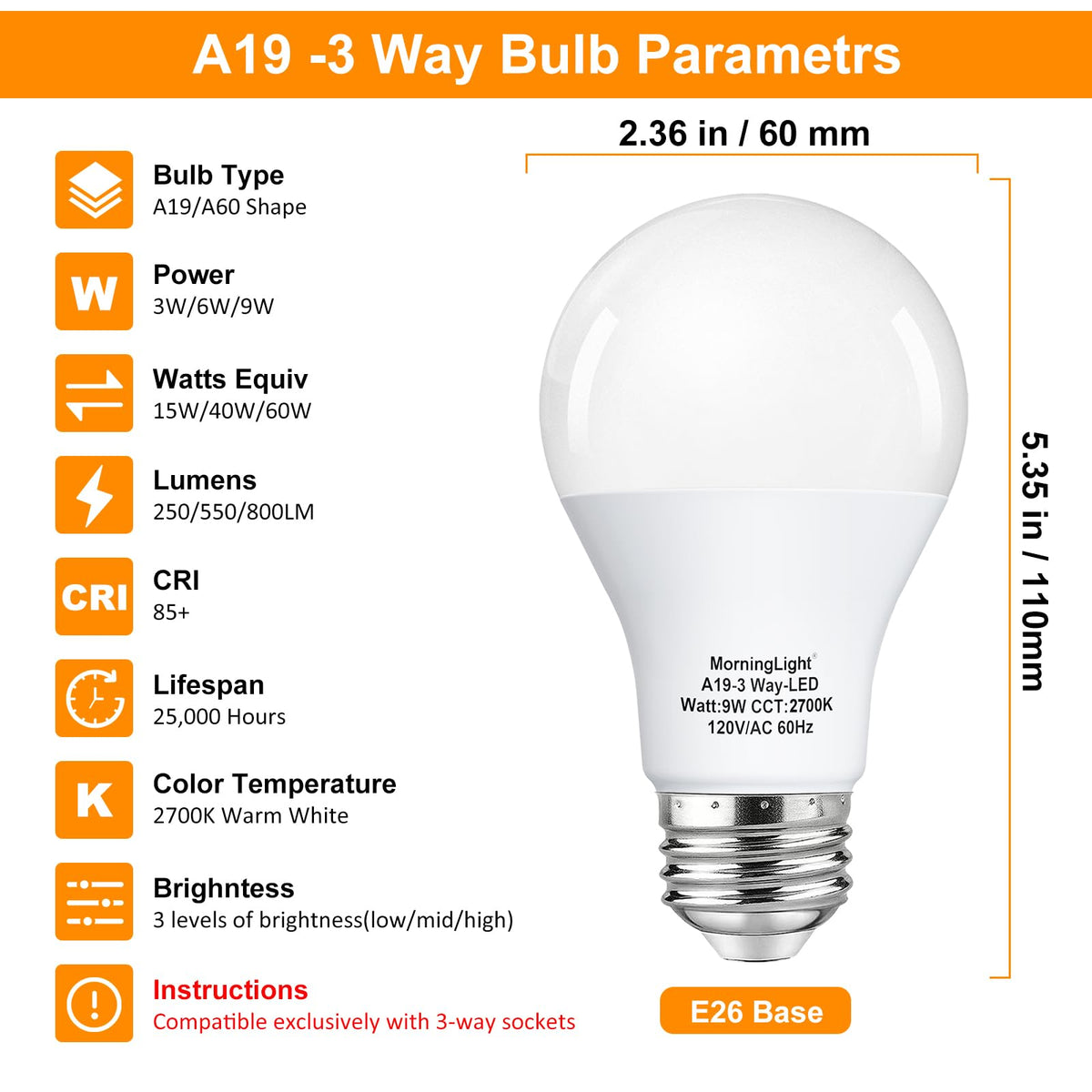 Trójdrożne żarówki LED 15 40 60Watt ekwiwalent biały ciepły 2700K, E26, 4-Pack