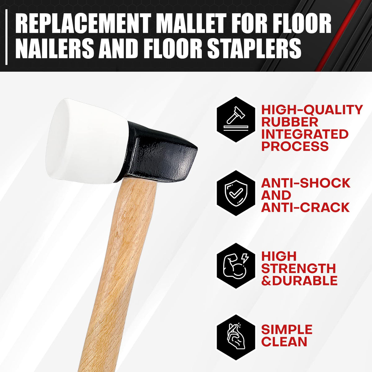 LinkMejor White Rubber Flooring Mallet with Replaceable Head,Non-Marring Head, Wood Handle, 1 Replacement head