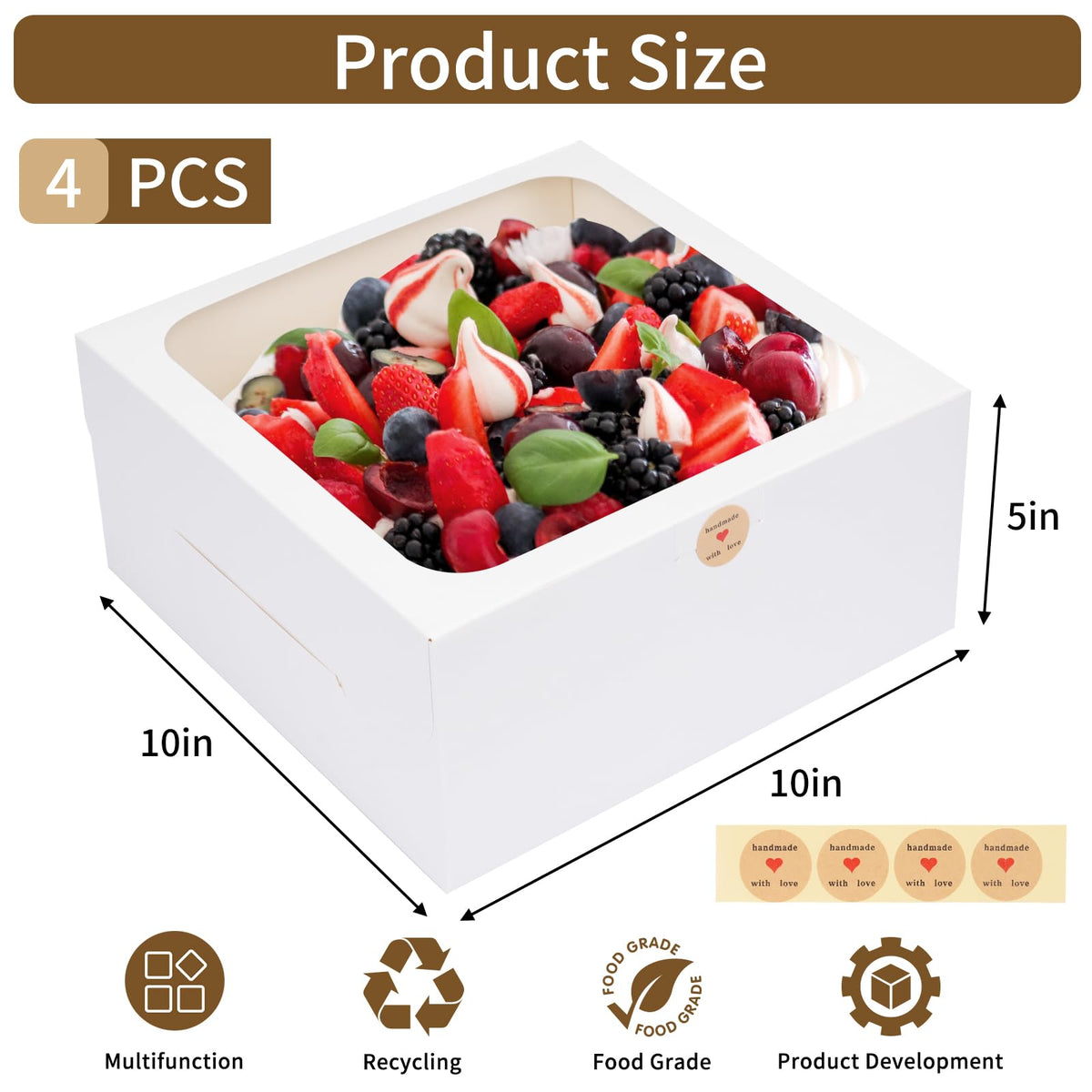 LinkMejor 4 Pack 10x10x5 Inches Cake Boxes White Bakery Containers