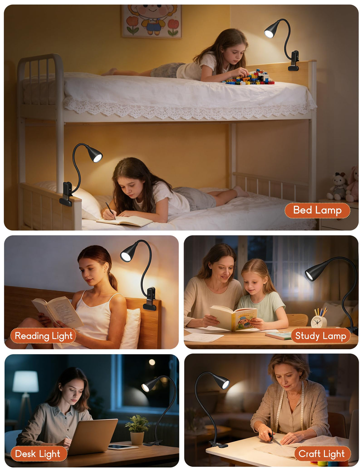 Reading Light for Book in Bed,Clip on Light Reading Lamp with Adapter Black