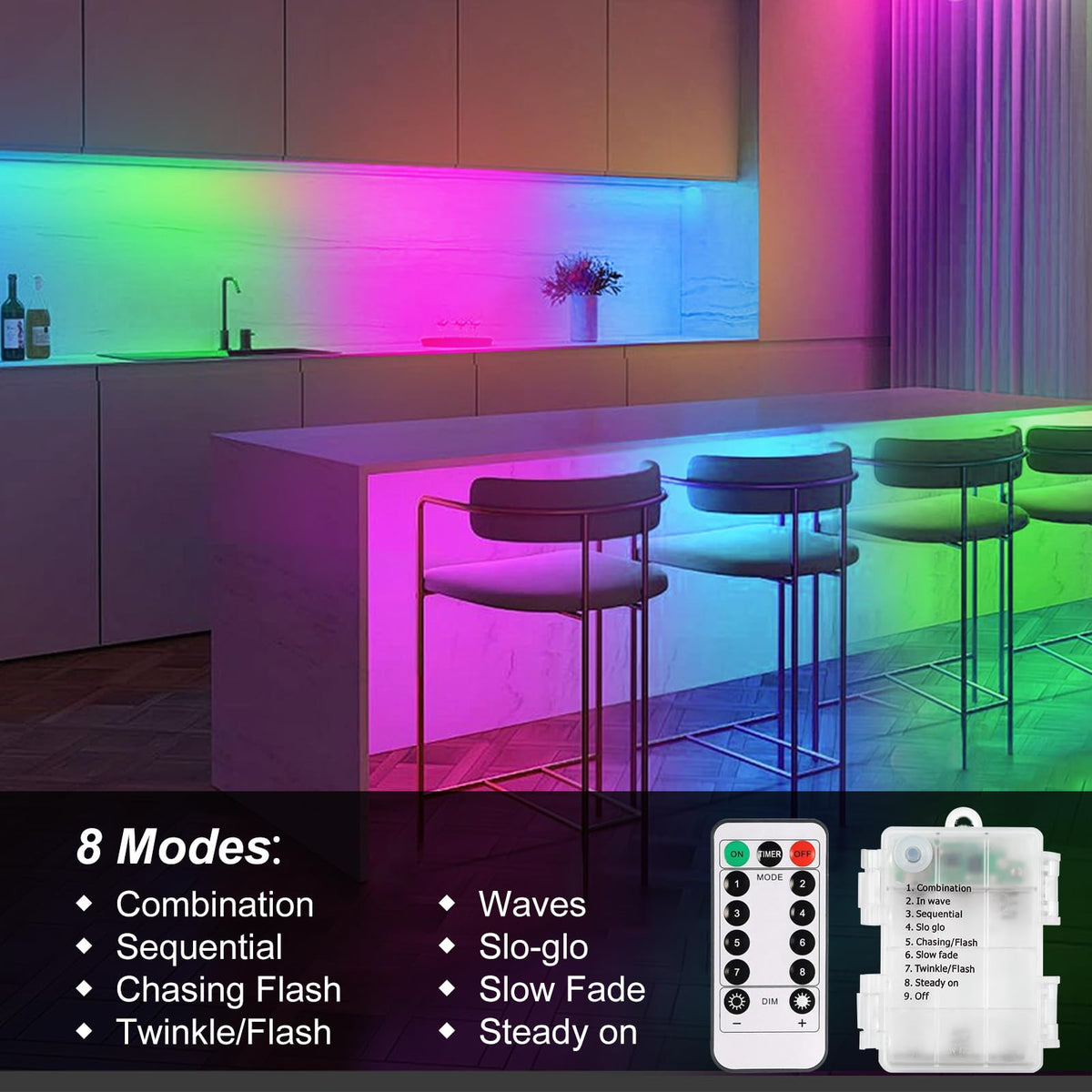 9.8ft Bant Işıklar Pil Operasyonlu, 90 LED Bant Işıklar Uzaktan Kumandalı Zamanlayıcı ile