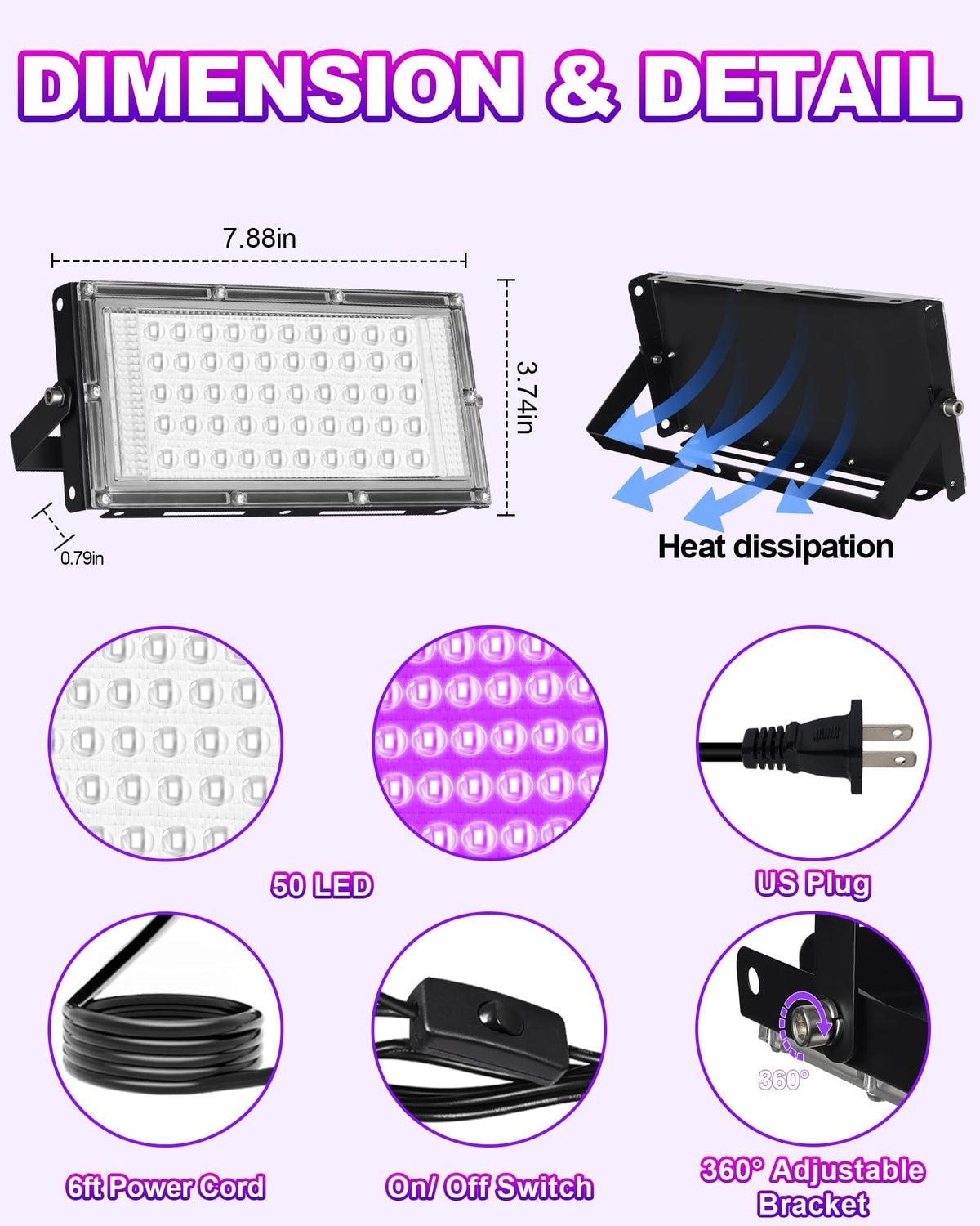 LinkMejor 2 Pack 50W Black Light with Switch Plug, IP66 Waterproof Outdoor