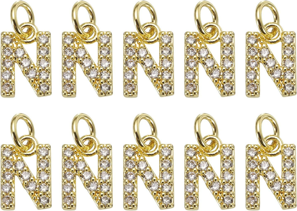 LinkMejor Rhinestone Letter Charm, 10pcs Crystal Zirconia Copper Alphabet N Pendants Slider Letter Charm for Wristbands Bracelets Necklace Jewelry Earring DIY Craft, Gold