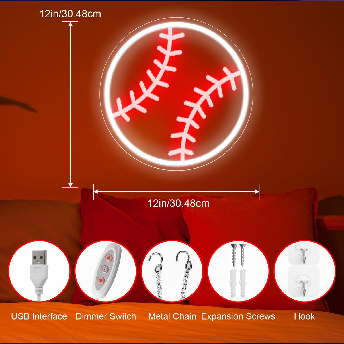 Baserett Neon Sign, Drivs av USB Röd Vit Baserett Neon Lampa