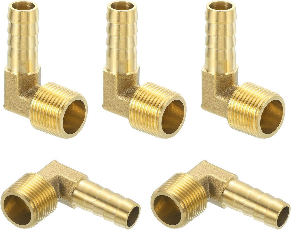 5 Pcs Brass Hose Barbed Elbow Fitting, 3/8" Barb x G 3/8 Male Brass Barb Pipe Fitting Adapter with Tape for Connect Pipes Mechanical Devices Plumbing Equipment