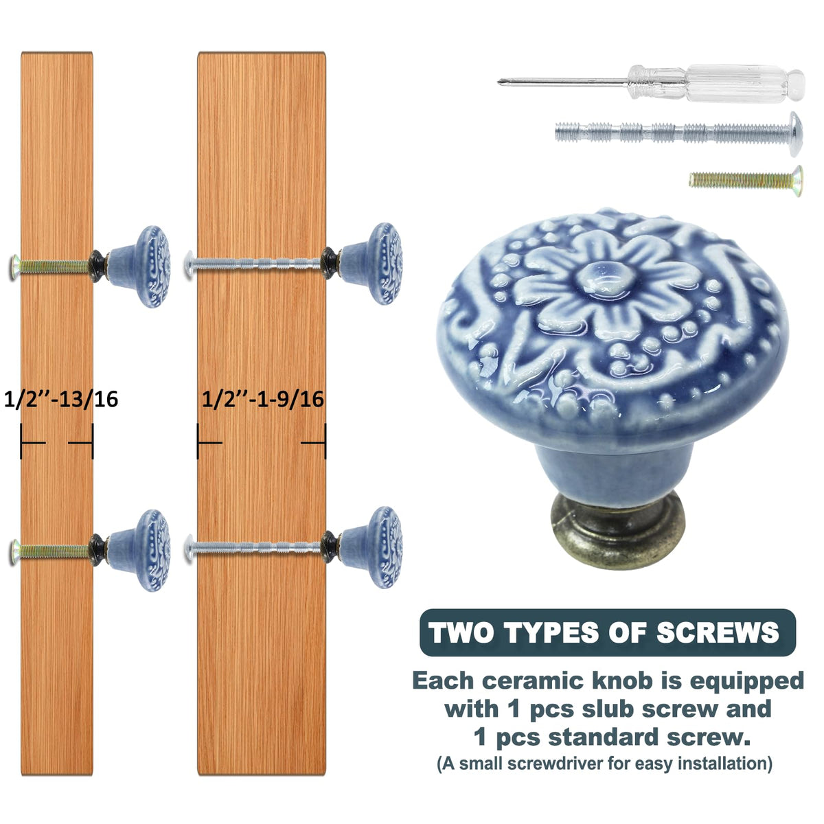 LinkMejor 12 Pièces Boutons de Combiné en Céramique Bleu Clair pour Cuisine