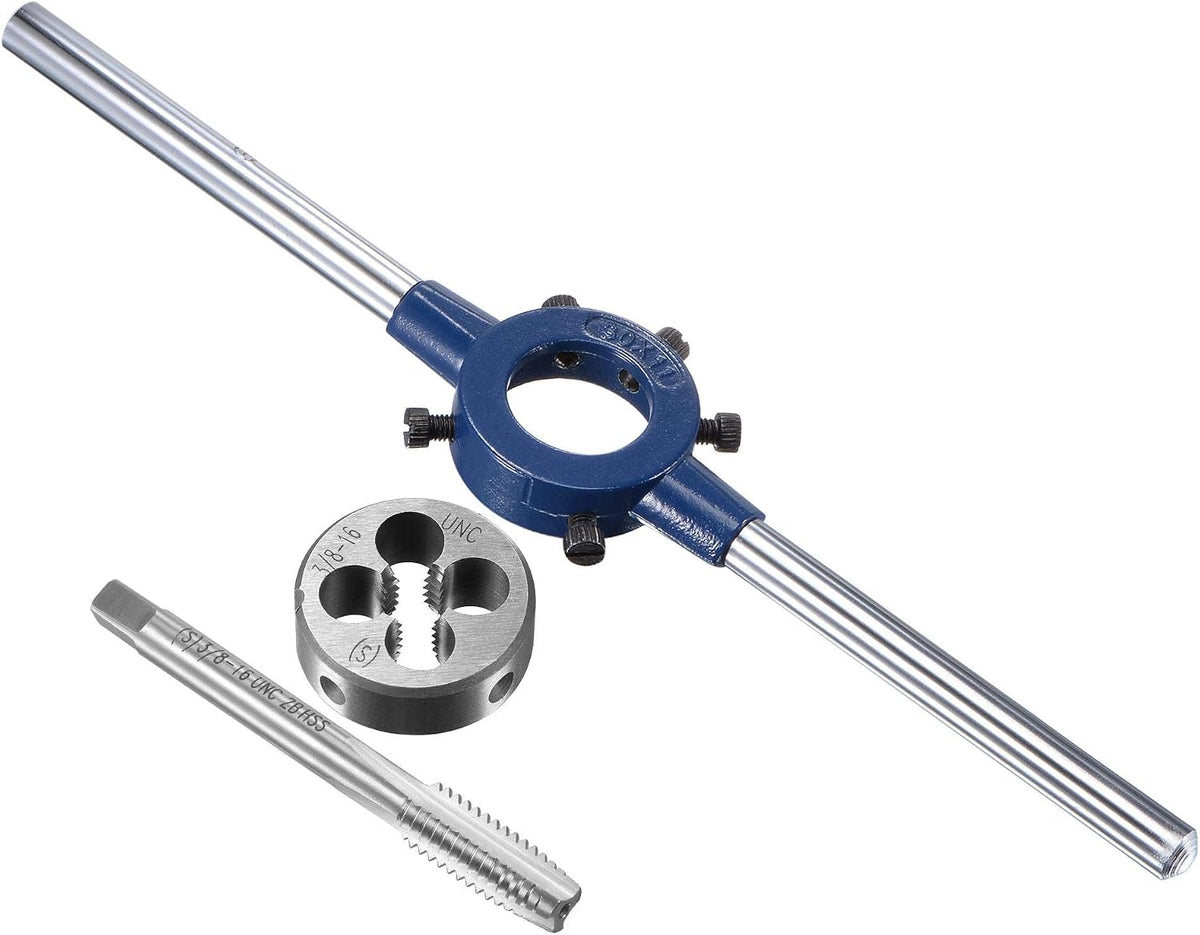 3/8-16 UNC Tap and Die Set with 30mm Round Die Stock Handle Wrench, High Speed Steel Machine Thread Tap and Round Die Threading Tool