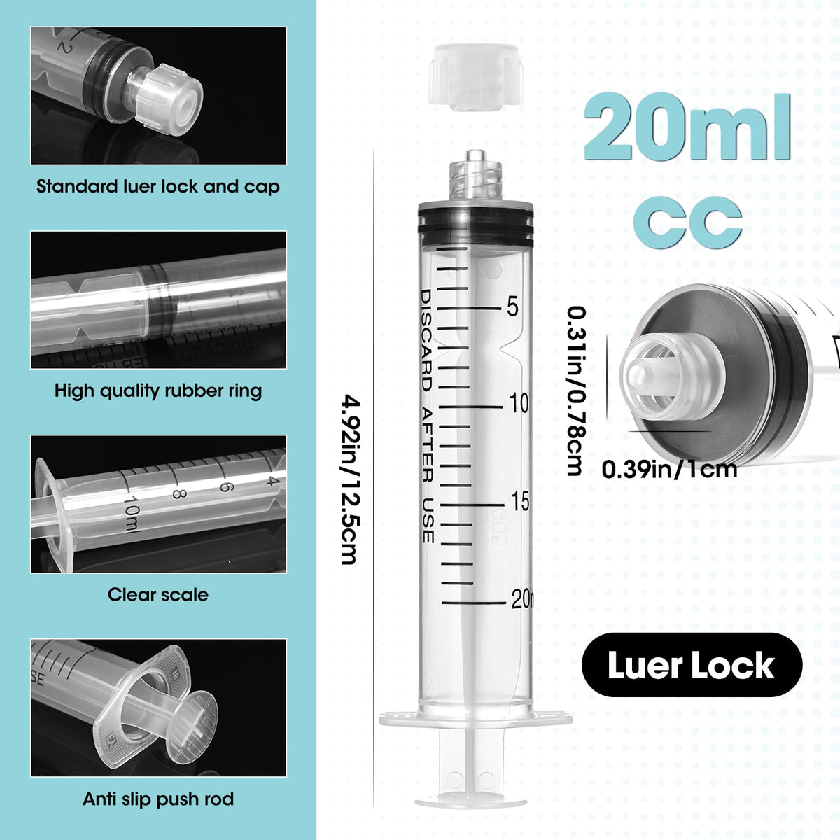 Siringa Luer Lock da 20ml con Tappo e Tubo in Plastica morbida, 10 Confezioni