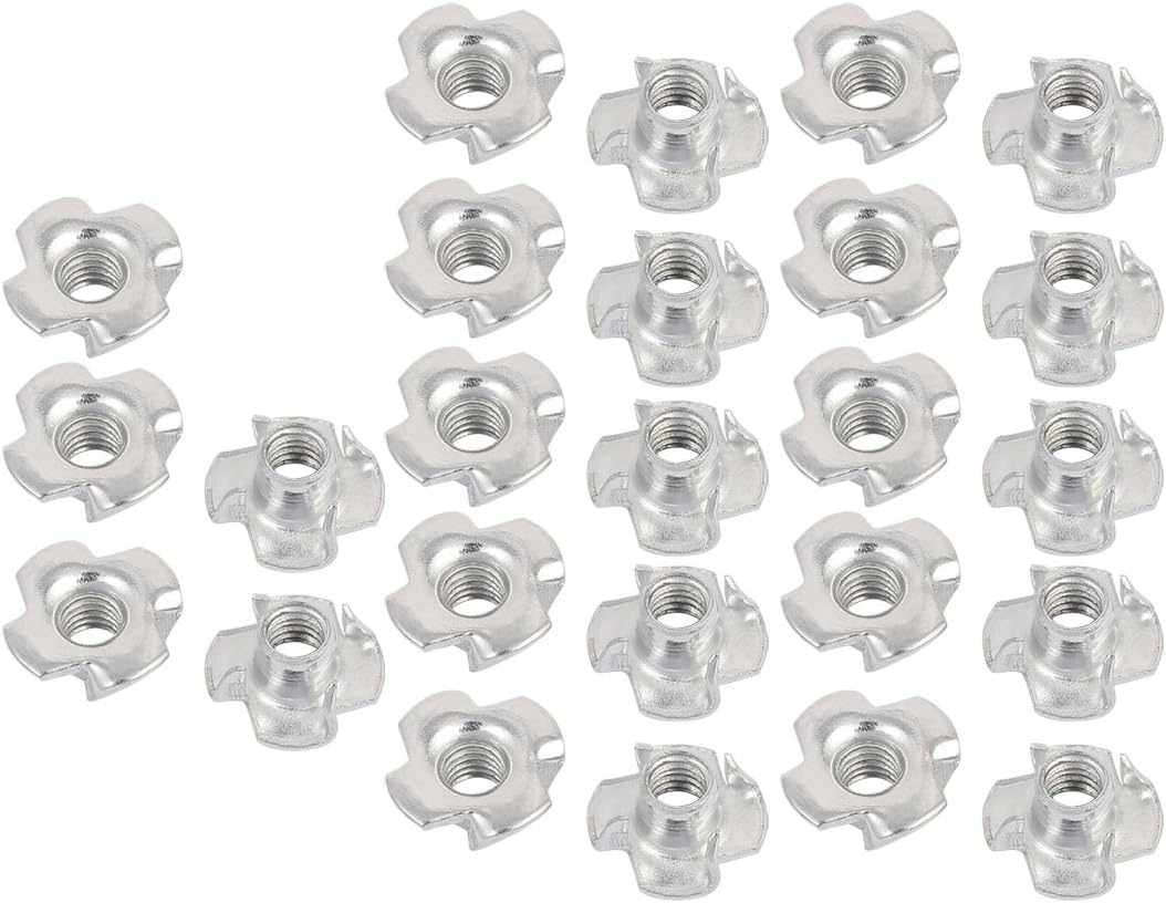 M6 x 8mm Four Pronged Tee Nuts Captive Blind Inserts 25pcs for Wood Furniture