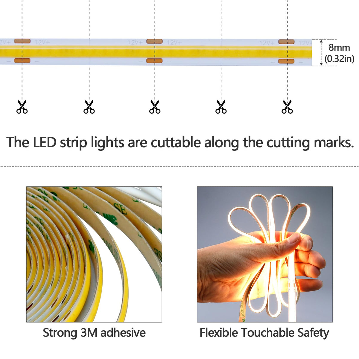 LinkMejor Bevægelsessensor COB LED Lysbånd 16.4ft(5M) Warmskåret Hvid 3000K