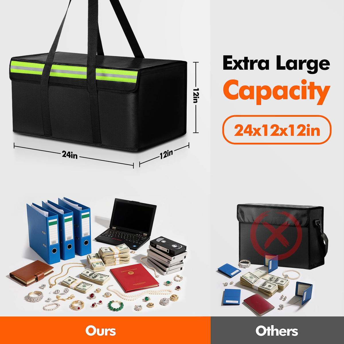 Large Fireproof Document Bag for Home Safe Storage, 24 x 12 x 12in, Black