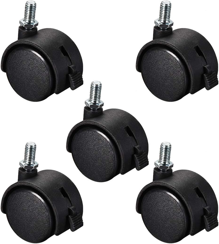 Furniture Casters 1.5 Inch Nylon M8 x 15mm Threaded Stem Swivel Caster Wheels with Brake, 33lb Capacity Each Wheel, 5 Pcs