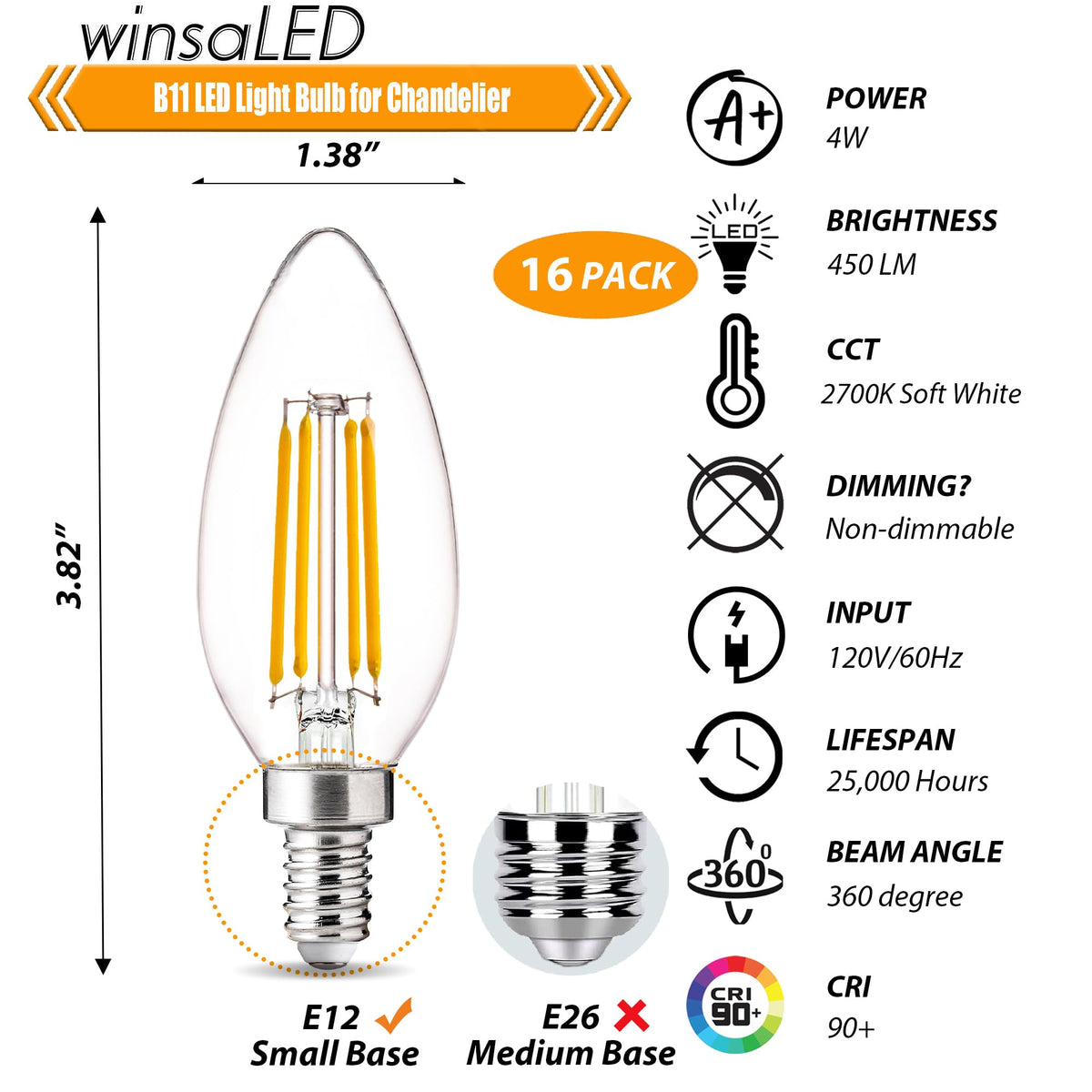 링크메이저 LED E12 랜턴 40W 등가, 2700K 부드러운 흰색, 비드imming, 16 팩