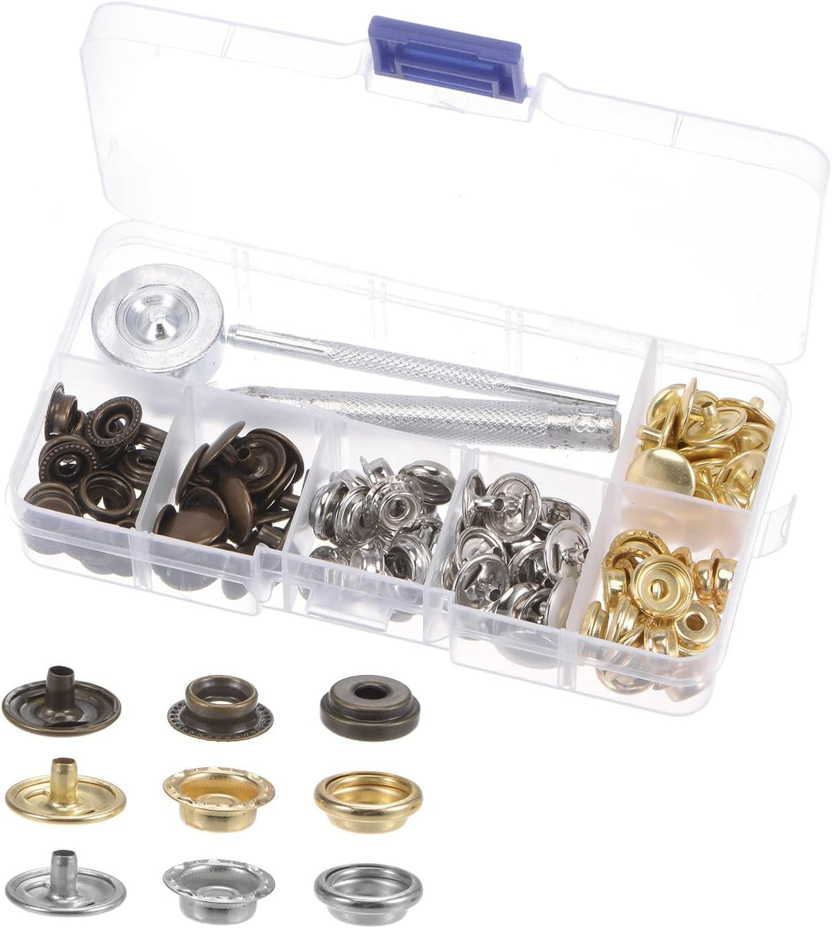 30 Sets Leather Snap Fasteners Kit 3 Colors 12.5mm Metal Press Studs Buttons Tool with 3 Setter Tools & Storage Box for Clothing Leather Sewing