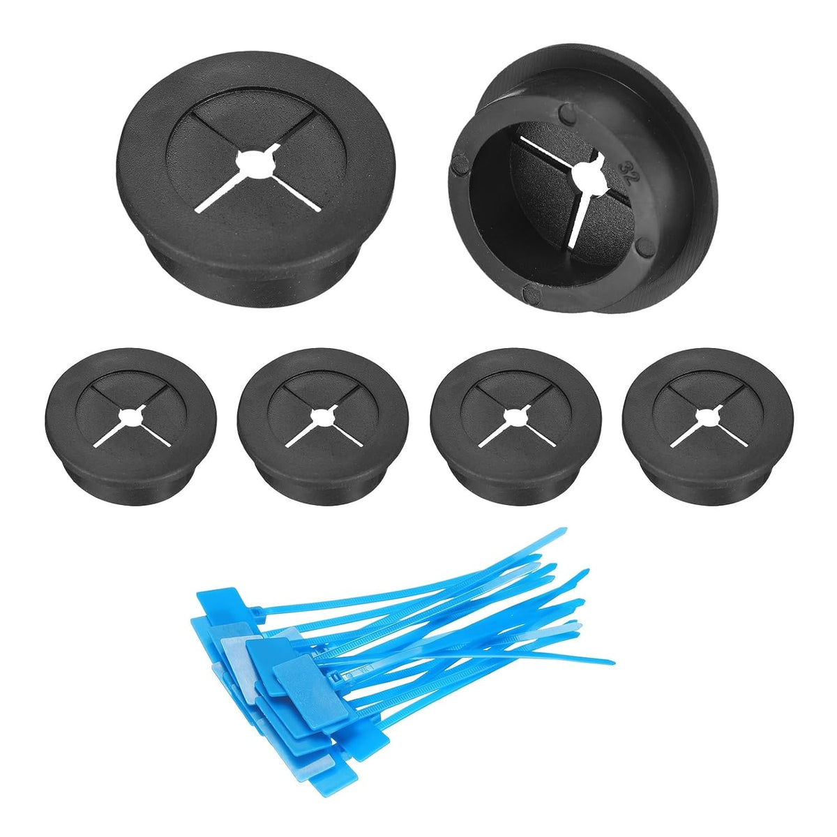 6Pcs Cable Cord Grommet, 1-1/4"(32mm) Rubber Desk Grommets Wire Pass Through Hole Cover with Marked Cable Ties for Home Office Cable Wire Protection, Black