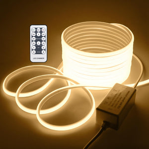 LinkMejor COB Outdoor LED Strip Lights Waterproof 50ft Dimmable LED Rope Light with Remote AC 110V~120V Cuttable Flexible FCOB COB Light Strip Warm White 3000K for Building Garden Commercial Decor
