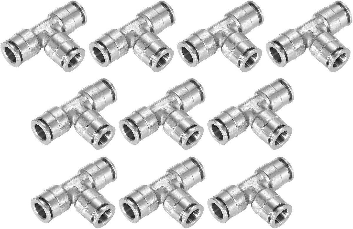 8mm OD Tee Push to Connect Tube Fittings Nickle-Plated Brass Quick Connect 3 Way Union Tee Air Line Fittings, Silver 10Pcs