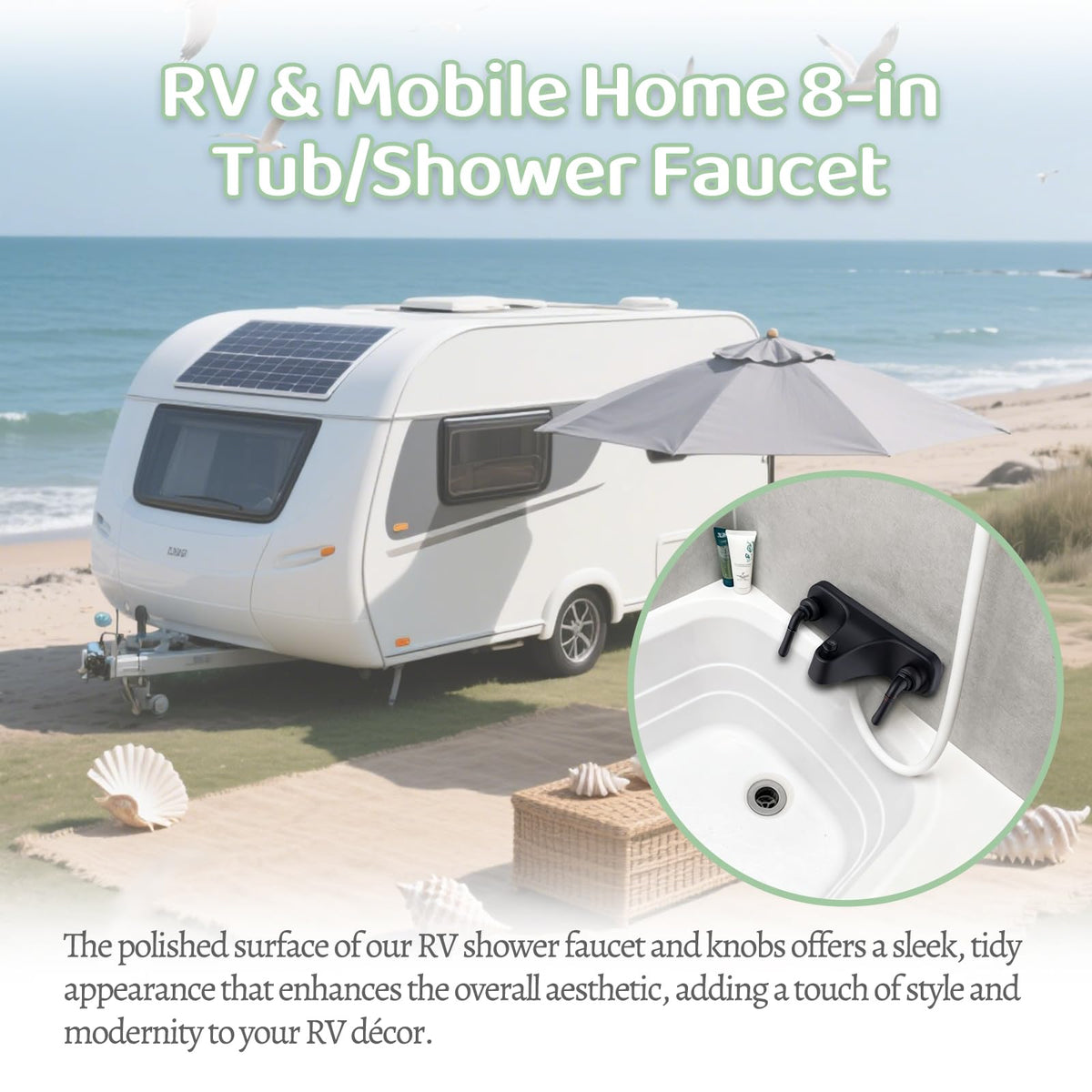 Tub/Shower Faucet 8" with Diverter for RV/Mobile Travel Home, Economical Two Handle Classic Shower Faucet Center-Set (Black)
