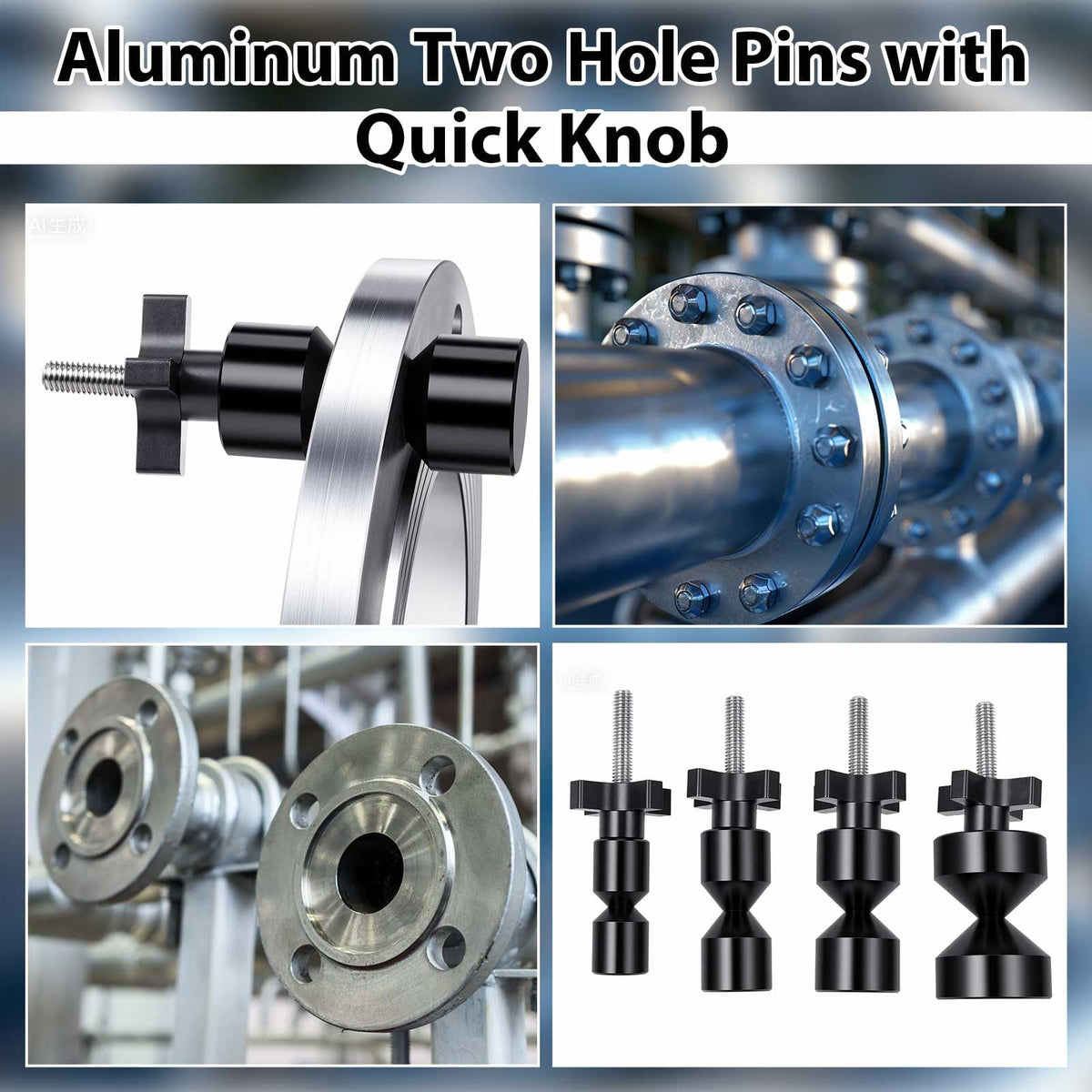 LinkMejor 2 Pcs 2" Aluminum Two Hole Pins with Quick Knobs 2 Hole Flange Alignment Pins Pipefitter Tool for Pipe Installation, Black