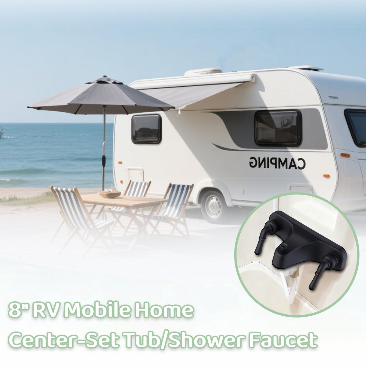 Tub/Shower Faucet 8" with Diverter for RV/Mobile Travel Home, Economical Two Handle Classic Shower Faucet Center-Set (Black)
