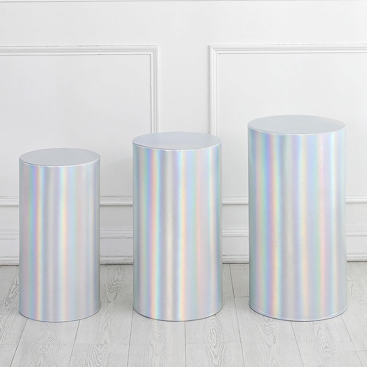 Set of 3 Bright Silver Cylinder Spandex Stand Covers, Plinth Stand Cover for Party Wedding Birthday Decoration, Only Contains Cylinder Covers (Foil Fabric - Small)