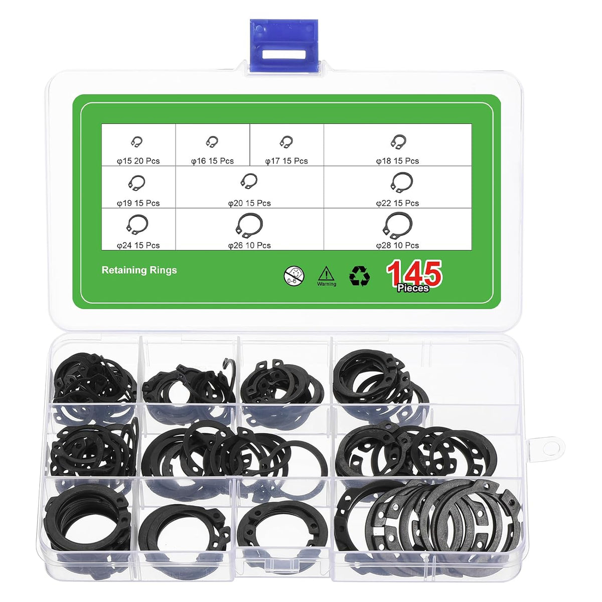 145 Pcs External Retaining Rings, 10 Sizes(M15, M16, M17, M18, M19, M20, M22, M24, M26, M28) 65Mn Carbon Steel Circlip Snap Rings Assortment Kits for Valves Electrical Appliances
