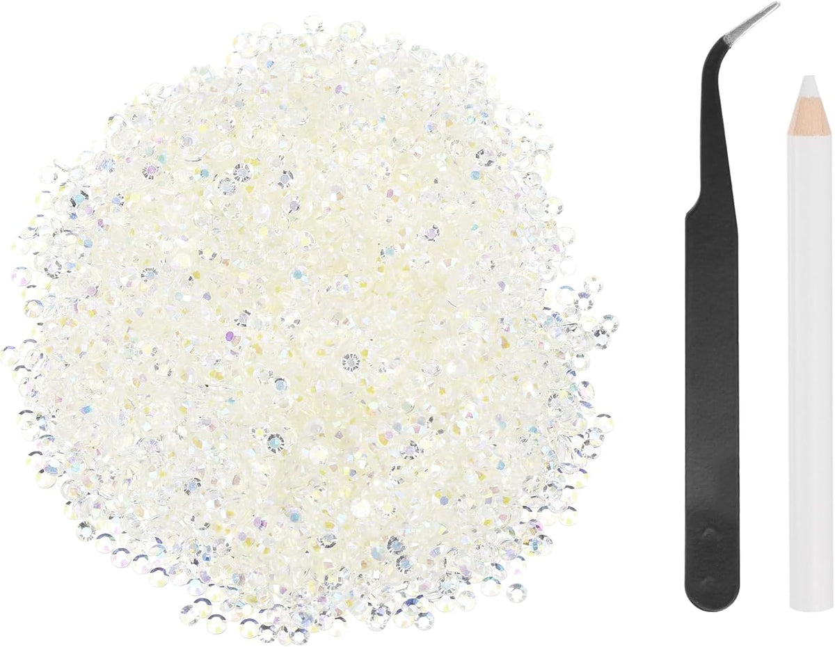 5000pcs Flatback Rhinestones Resin, SS6 2mm Resin Rhinestones Bulk Round Shine Gems with Pickup Tools for DIY Nail Art Tumblers Mugs Clothes, Clear AB