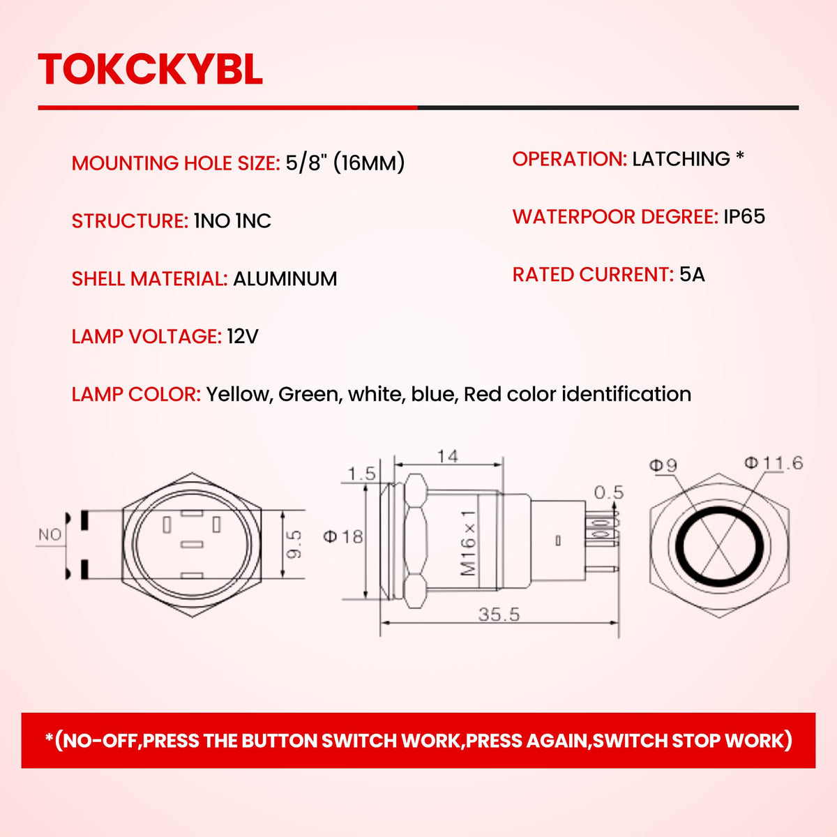 LinkMejor 16mm Kilitli Itme Düğme Anahtarı 12V DC, IP65 Su Geçirmez