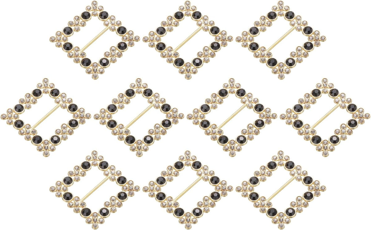Rhinestone Ribbon Buckle Sliders, 10Pcs Gold, Black Crystal Belt Buckles for Craft Wedding Clothing Decoration