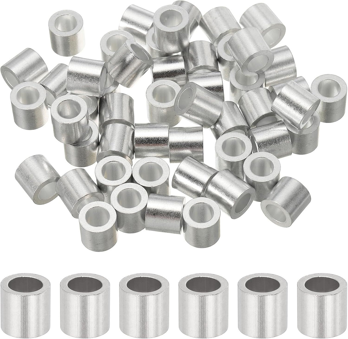 1/4"(6mm) Aluminum Crimping Loop Sleeve, Wire Rope Stop Sleeve Round Crimp Ferrules for Wire Rope and Cable Ferrule, Silver 50Pcs