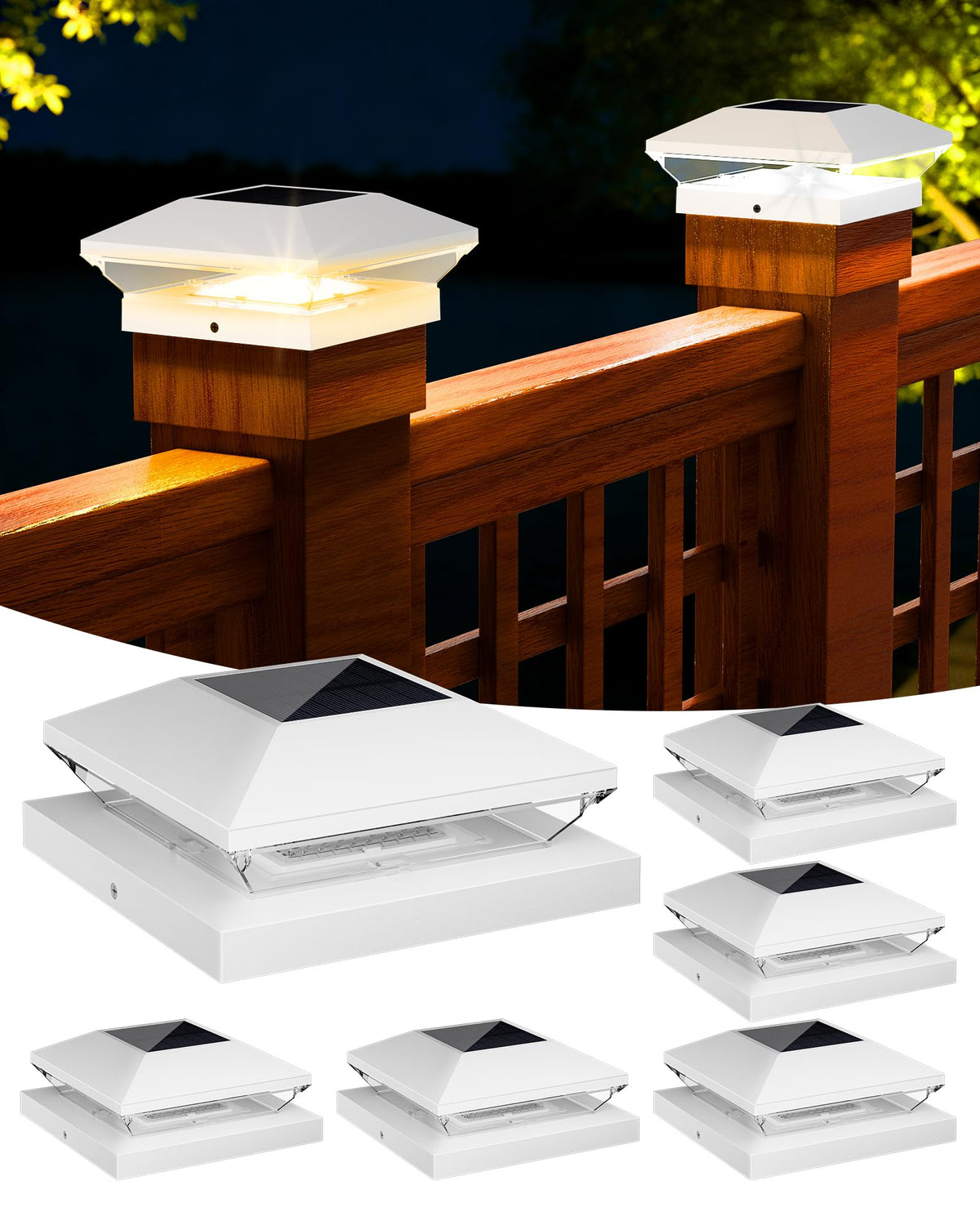 LinkMejor Solar Post Cap Lights 6 Pack, 2 Modes Fence Post Solar Lights White