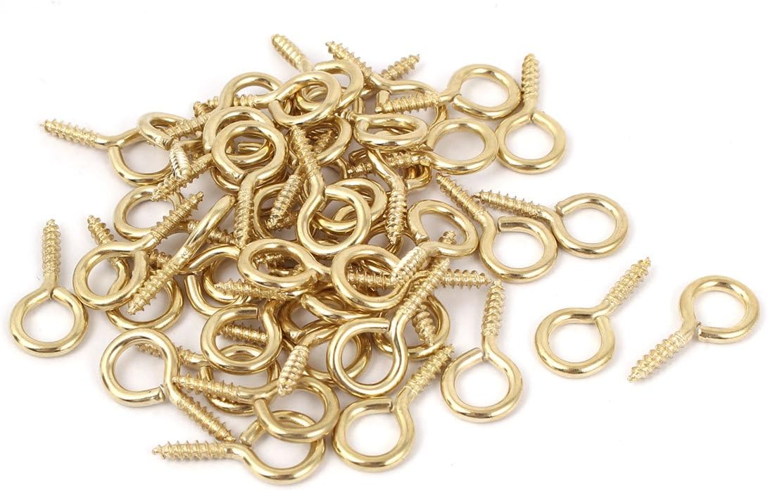 0.12"x1" Screw Eye Hooks Self Tapping Screws Screw-in Hanger Eye-Shape Hooks Golden 50pcs