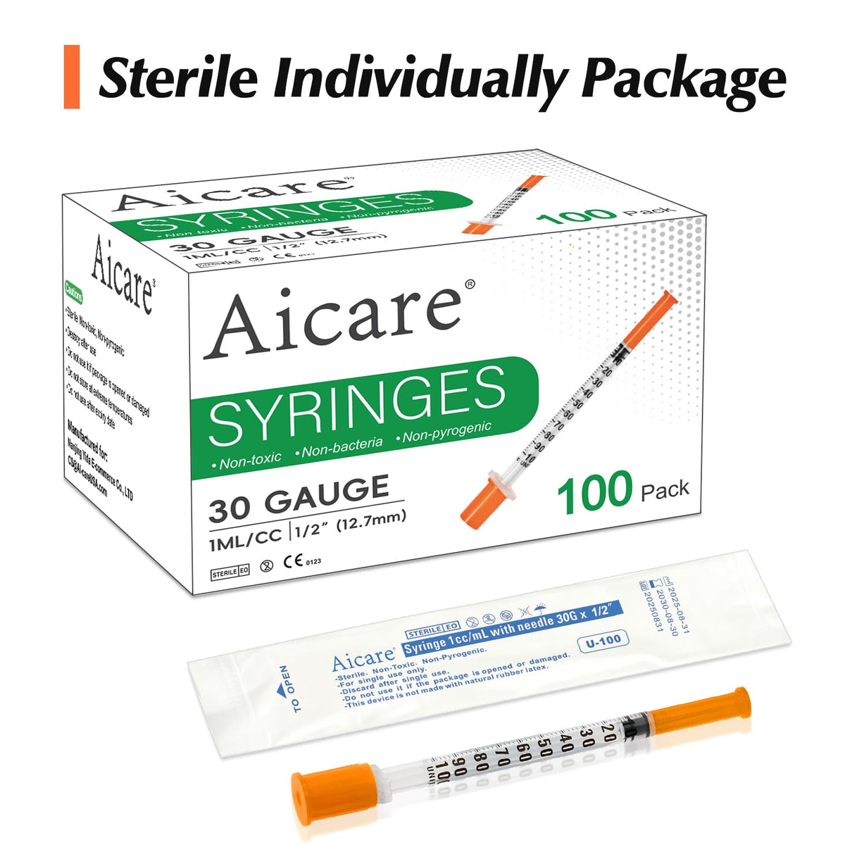 100 Pak 1 ml/cc 30G 1/2 Inch Syringe, Dibungkus Secara Individual