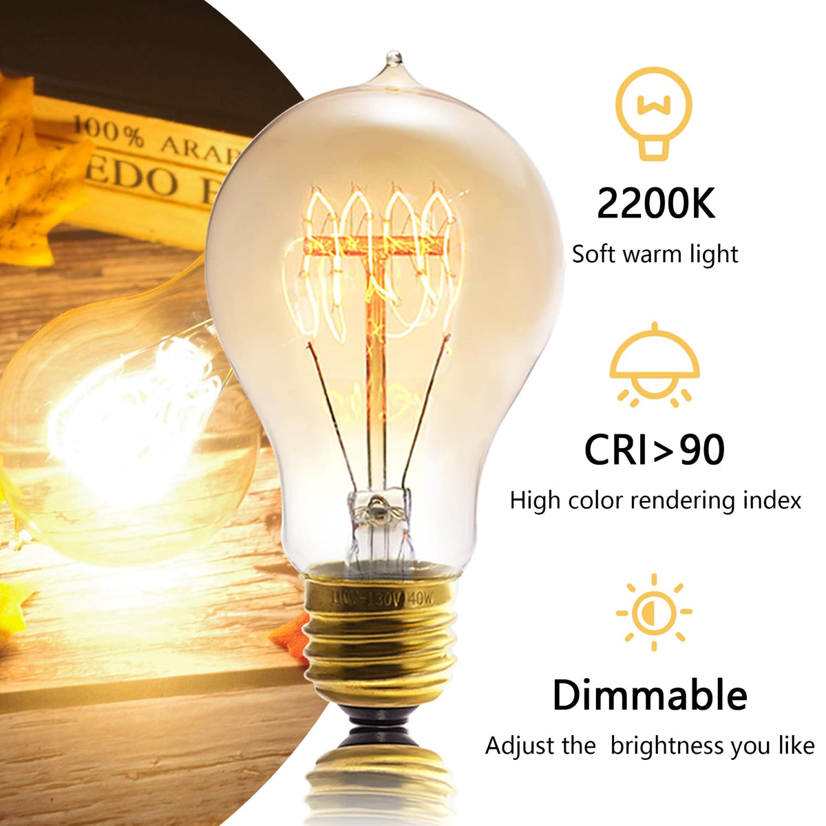 LinkMejor A19 Lampa Bola Incandescent 40W E26 Dimmable Edison 2 Pack