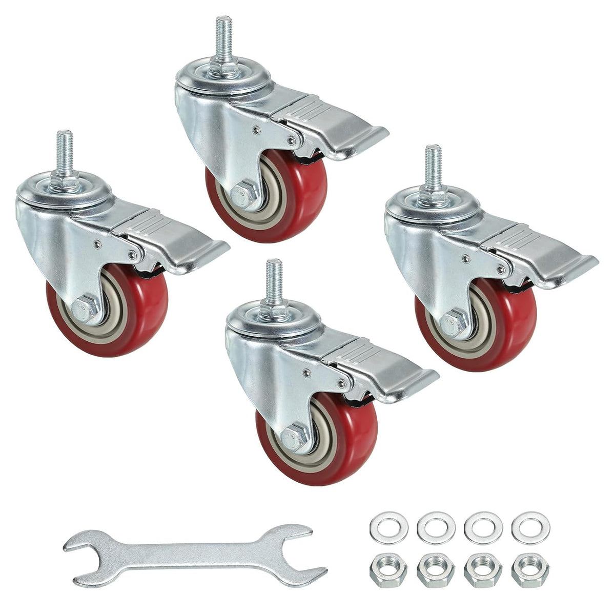 3 Inch Swivel Threaded Stem Casters 3/8"-16UNC Thread PU Caster Wheel with Brake 88lbs Load for Furniture Carts, Red 4pcs