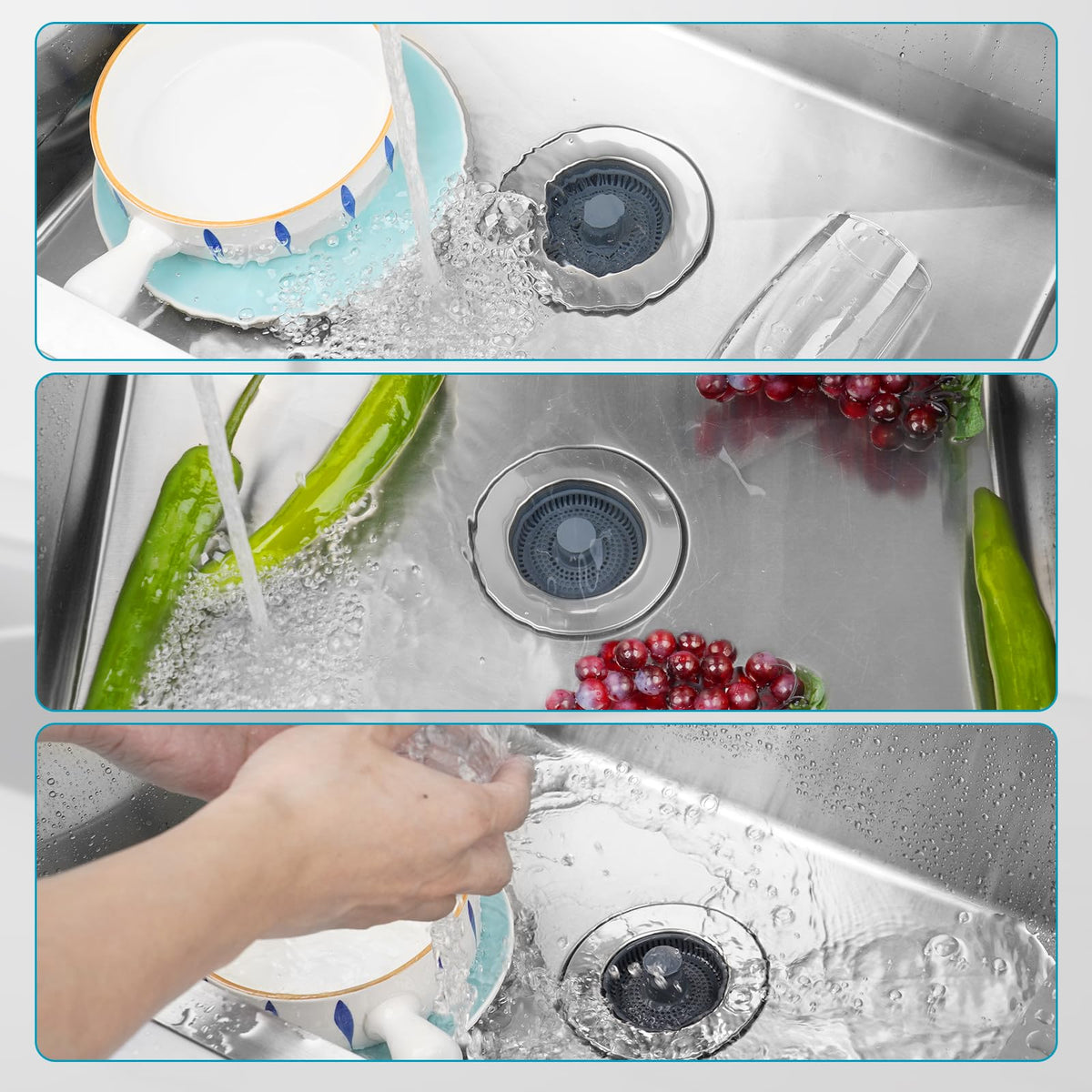 LinkMejor 3-in-1 Saluran Pemfilter Air Kandang Dapur & Stopper, Tangi Rata, Krom