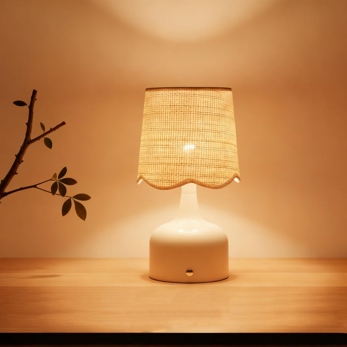 LinkMejor Cordless Boho Table Lamp Beige, Scalloped Wicker Shade, 5200-mAh Rechargeable Battery, 3-Way Dimmable, Build-in Integrated LED 320 Lumen Max, for Bedside Living Room