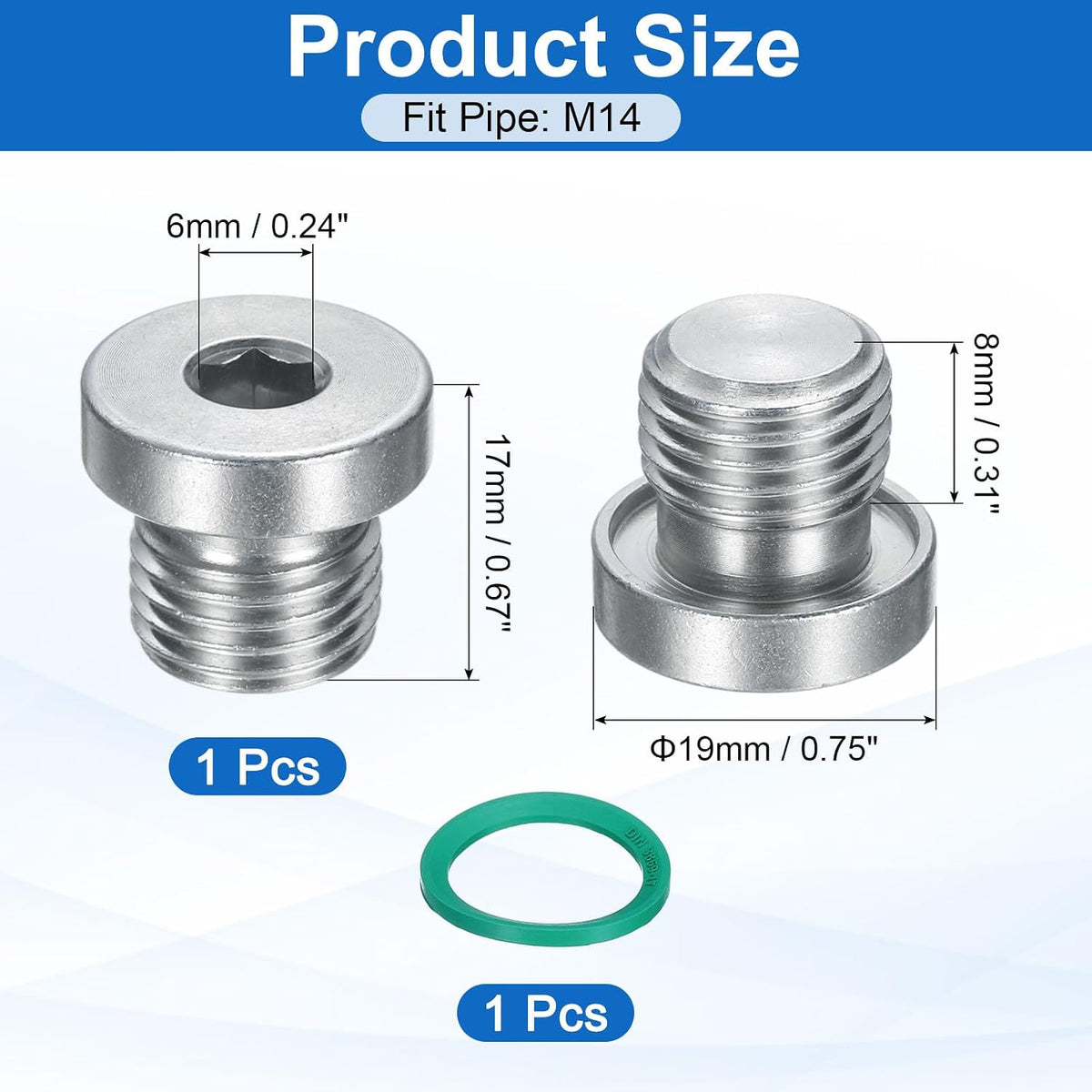 M8x1 Capăt Hex Intern Fitting de Conductă, Plug de Conectare Universal din Oțel Inox 304 cu Anul O-Ring Verde pentru Terminarea Capăților de Conductă sau Draineri de Înlocuire