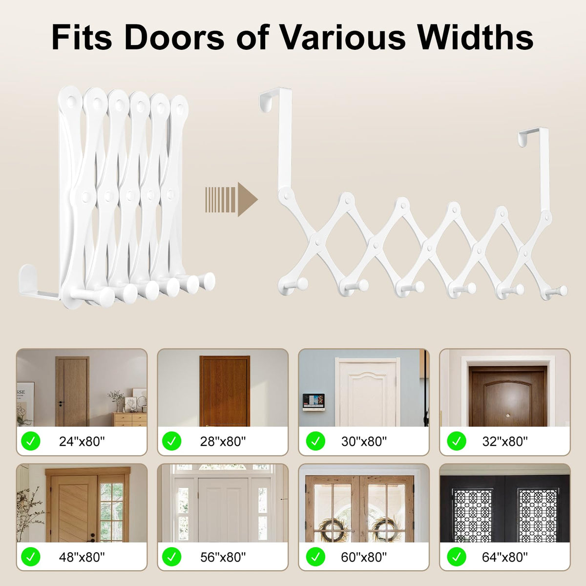 LinkMejor Expands Over The Door Hook Rack, Heavy Duty No Drill Hooks for Bathroom, Bedroom, Kitchen, Closet - Over The Door Hanger for Towels, Robes, Bags, Coats(Black)