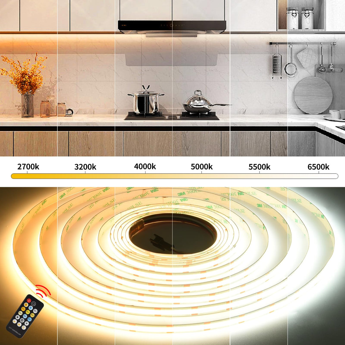 LinkMejor CCT COB LED Strip Lights, alb ajustabil cu dimming 2700K-6500K