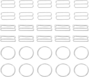 60 Pcs Bra Strap Hook Kit, 3 Styles 18mm Strap Replacement Zinc Alloy Adjustable Slide Hooks for Bathing Suit Top Lingerie Sewing, Bathing Suit Clasp, Silver