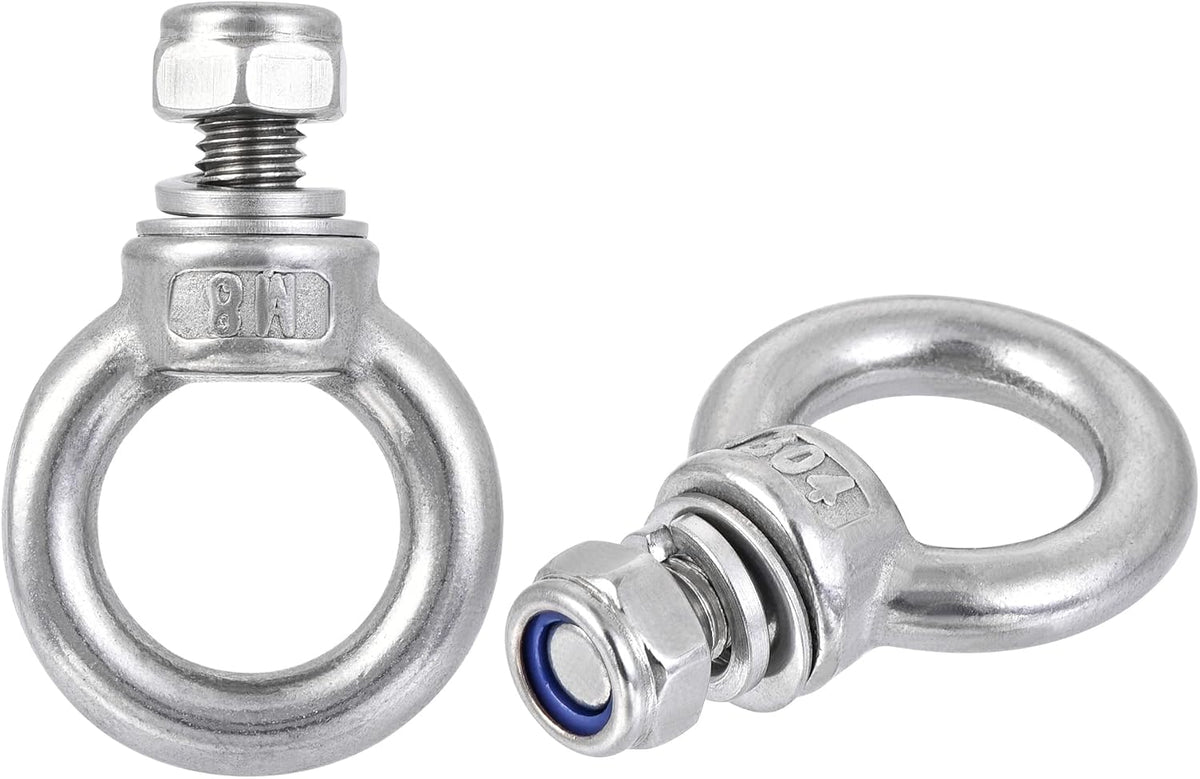 Lifting Eye Bolt M8 x 14mm Male Thread with Hex Screw Nut Gasket Flat Washer for Hanging Securing Chain Wire Rope, 304 Stainless Steel, 2 Sets